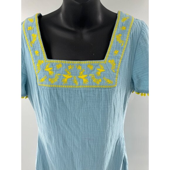 Boden Women's Bernadette Embroidered Blue Cotton Tunic Dress Yellow Trim Size 6 - Picture 2 of 10